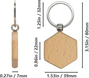 Porte-clés vierges en bois de hêtre, tranches hexagonales, anneaux en fer, non finis, pour gravure laser, pyrogravure, accessoires cadeaux personnalisés - Product Image 3