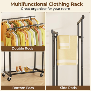 Double Rods Clothes Stand Rolling Clothing <strong>Rack</strong> for Hanging Clothes Portable <strong>Wardrobe</strong> Stand Metal Garment <strong>Rack</strong> Sturdy Coat <strong>Rack</strong> - Product Image 2