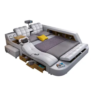 Akıllı yatak odası mobilyası kumaş Tatami yatak çift depolama masaj yatağı deri çok fonksiyonlu yatak kral