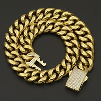 Chaîne cubaine Miami en acier inoxydable plaqué or 18 carats PVD, largeur 18 mm, style hip-hop, avec boucle en zircon
