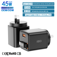 IBD produk baru GAN 45W pengisi daya yang dapat ditarik dengan kabel USB Tipe c EU UK AU Plug pengisian cepat pengisi daya ponsel Laptop grosir