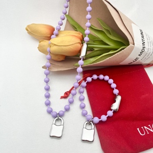 Collar con Colgante <span class=keywords><strong>de</strong></span> Corazón AB Colorido, Unisex, <span class=keywords><strong>uno</strong></span> <span class=keywords><strong>De</strong></span> <span class=keywords><strong>50</strong></span>, Cadena <span class=keywords><strong>de</strong></span> Bolas Morada, Chapado en Oro, Acero Inoxidable, Joyería al por Mayor - Product Image 1