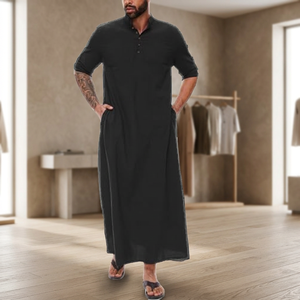 <b>Men's</b> Black Cotton <b>Thobe</b> Short Sleeve Ankle Length Casual Daily Wear Loose Fit Middle East Style Solid Color Breathable Robe - Product Image 1