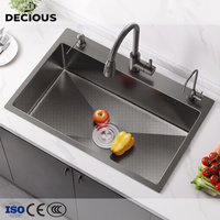 Évier de cuisine multifonctionnel en acier inoxydable épais moderne à trois trous, carré, à bol unique, gris, fait à la main