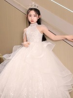 Cui Girl Longue or rouge diamant rose pompon gonflé Fleur Fête de mariage Robe de danse Fille Robe de princesse