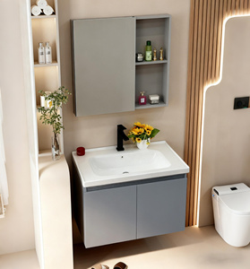 Meuble-lavabo moderne en acier inoxydable <span class=keywords><strong>avec</strong></span> portes gris mat, <span class=keywords><strong>armoire</strong></span> <span class=keywords><strong>murale</strong></span> et miroir carré pour appartement moderne - Product Image 2