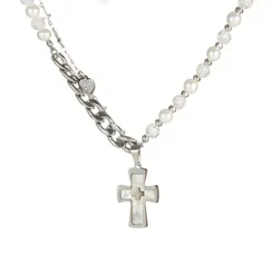women fashion double layers stainless steel cuban link chain cross pendant necklaces