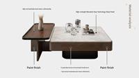 Mesa de Centro Moderna Cuadrada con Tapa de Piedra, Estructura de Madera y Dos Cajones para Sala de Estar y Apartamentos