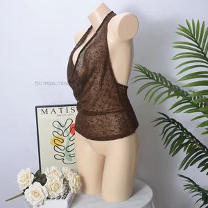 Shiny Deep V Solid Colour Vest Fashion Sexy See Through Swing Neck Halter <b>Top</b> for Women Fashion - Product Image 5
