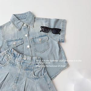 Ropa de Moda Infantil de Alta Calidad, Conjuntos de Ropa de Mezclilla de <span class=keywords><strong>Color</strong></span> Sólido de 2 Piezas para Niñ<span class=keywords><strong>as</strong></span>, Verano - Product Image 2