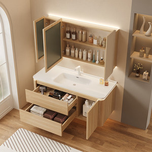Mueble de baño estilo crema con esquinas redondeadas, lavabo de cerámica integrado, mueble de baño con lavabo. - Product Image 4