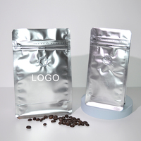 Vente en gros de sac de café vide debout noir mat à fond plat avec fermeture éclair en feuille d'aluminium argentée avec valve