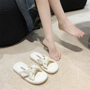 Elegant Cream PU Slides With Bow <b>Decoration</b> Flat Heel Open Toe Slip-On <b>Summer</b> Women's Sandals Comfortable EVA Sole - Product Image 5
