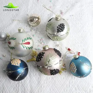 Longstar Wholesale Delicate Christmas Tree Balls Glass Luxury Applique Embroidery 10cm Glass Christmas Ball Tree Ornaments