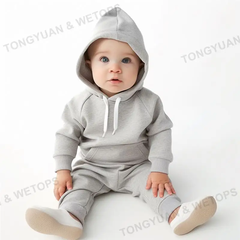 Set hoodie & Sweatshirt bayi, setelan pakaian bayi hoodie & Sweatshirt kerah Crew bahan katun Terry polos untuk bayi