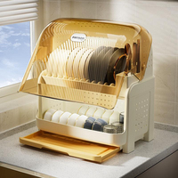 Égouttoir à vaisselle grande capacité avec couvercle anti-poussière, support de rangement multifonctionnel pour bols, assiettes et couverts avec plateau d'égouttage coulissant