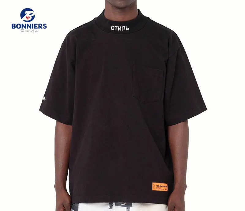 Custom High Neck T Shirts Summer 100% cotton T-shirt Blank Printed LOGO Turtleneck Tee Knitted Collar Men t shirts