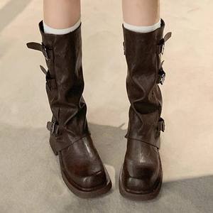 French-style Thick-soled Belt Buckle Western Cowboy <b>Boots</b> Women's Chunky Heel Floor-length Pleated Pile-up Mid-length <b>Pants</b>-leg - Product Image 1