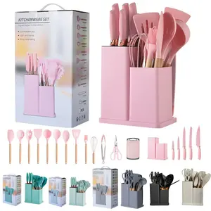 Hot Sale Kitchenware Set 19-piece Combination Set Silicone Kitchen Utensils with Knife Set Chopping Board Holder