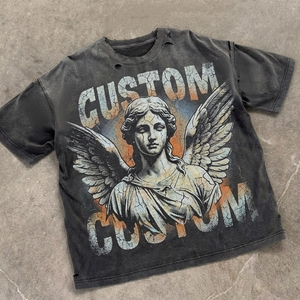 High Quality T-shirt Custom 300GSM Heavyweight Cotton Acid Wash Oversized Cropped Boxy Rhinestone Tee Men T Shirt - Product Image 2