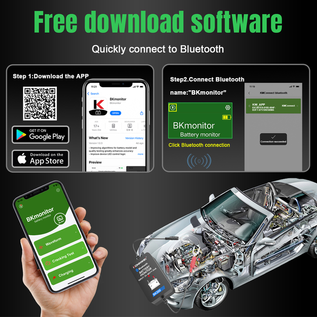 Free Mobile App KONNWEI BK300 Car Battery Monitor Wireless 12V 24V Charging Cranking Tester