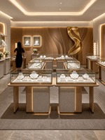Vitrine de présentation clé en main pour bijouterie, design personnalisé, couleur or rose, éclairage LED, design d'intérieur, vente en gros