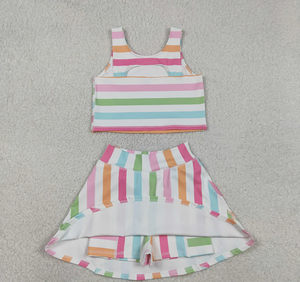 Conjunto de Ropa de Yoga para Niñas GSD2348, Camiseta sin Mangas con Rayas Coloridas, Pantalones Cortos de Verano, Faldas hasta la Rodilla - Product Image 5