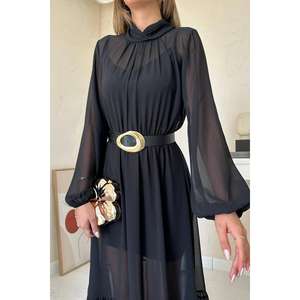 Vestido de Noche Negro de Gasa con Corte en A, Cuello Drapeado, Volantes, Cintura Natural y Manga Larga Translúcida - Product Image 1