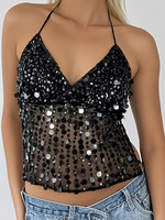 Haut de soirée multicolore à sequins et franges, col halter en V, en maille transparente & Agent de sourcing pour commandes en gros 1688