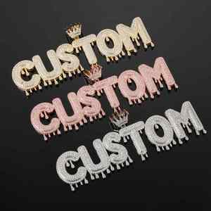 Collar con Placa de Nombre Personalizada Estilo Hip Hop Iced Out Crown, Colgante de Letra con Piedras y Diamantes Rosas, Joyería Fina - Product Image 1