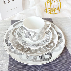 Best Selling European Luxury Grey and Colorful Runway Pattern Dining Room Set Bone China <b>Cup</b> & <b>Saucer</b> - Product Image 2