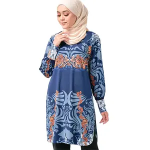 SIPO Muslim Frauen blusen Malaysia Koreanisch bedruckte Lycra Blue Bluse für muslimische Frauen