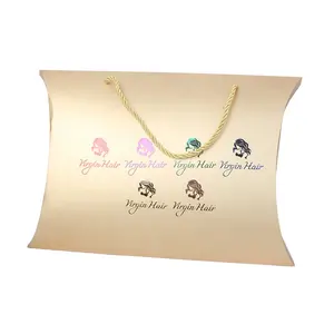 Custom Cute Cardboard Gold Foil Paper Pillow Type Box For Bundles Light Metallic Yellow Wig Pillow Set Packaging Gift Boxes