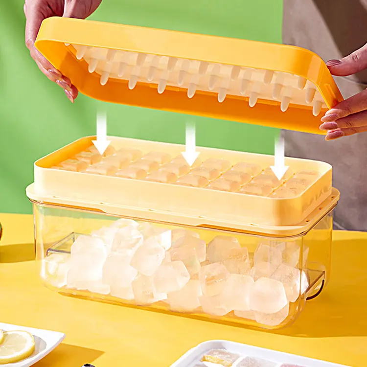 Bandeja de cubo de gelo de silicone, venda quente, com tampa e lixeira vem com recipiente de gelo, cobertura, moldes de cubo de gelo