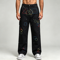 Pantalon cargo rétro brodé uni, coupe droite, avec boucle à la taille, formes géométriques, étiquette en cuir, poches obliques