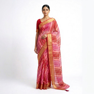 Sari Sintético Rosa Rojo con Borde Dorado, Traje Tradicional Indio para Bodas, para Mujer, Largo hasta el Suelo, Corte Regular, Estilo Bollywood - Product Image 1