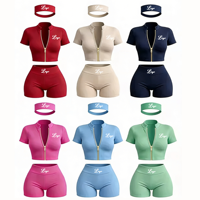 Ensemble de salon 3 pièces pour femme, vêtements d'été, veste à manches courtes zippée avec bandeau et short, ensembles d'entraînement personnalisés pour femme