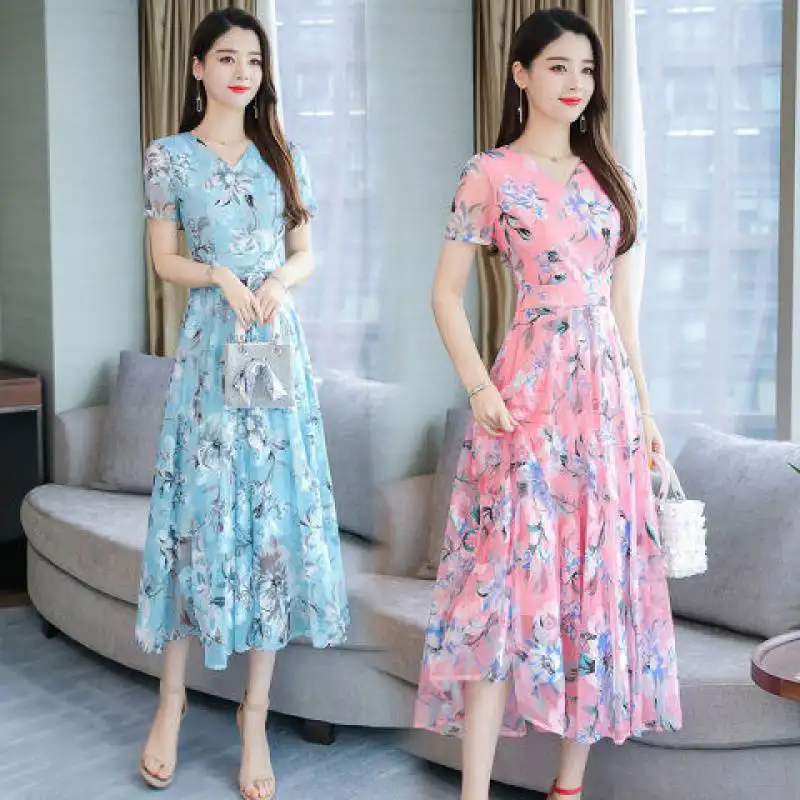 Hot selling large size women's floral dress women's summer new Korean version mid-length fat temperament thin waist fairy skirt