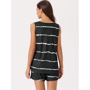 Ensemble pyjama à rayures ondulées pour femmes, débardeur sans manches et short taille haute, imprimé noir et blanc, vêtements de nuit d'été - Product Image 2