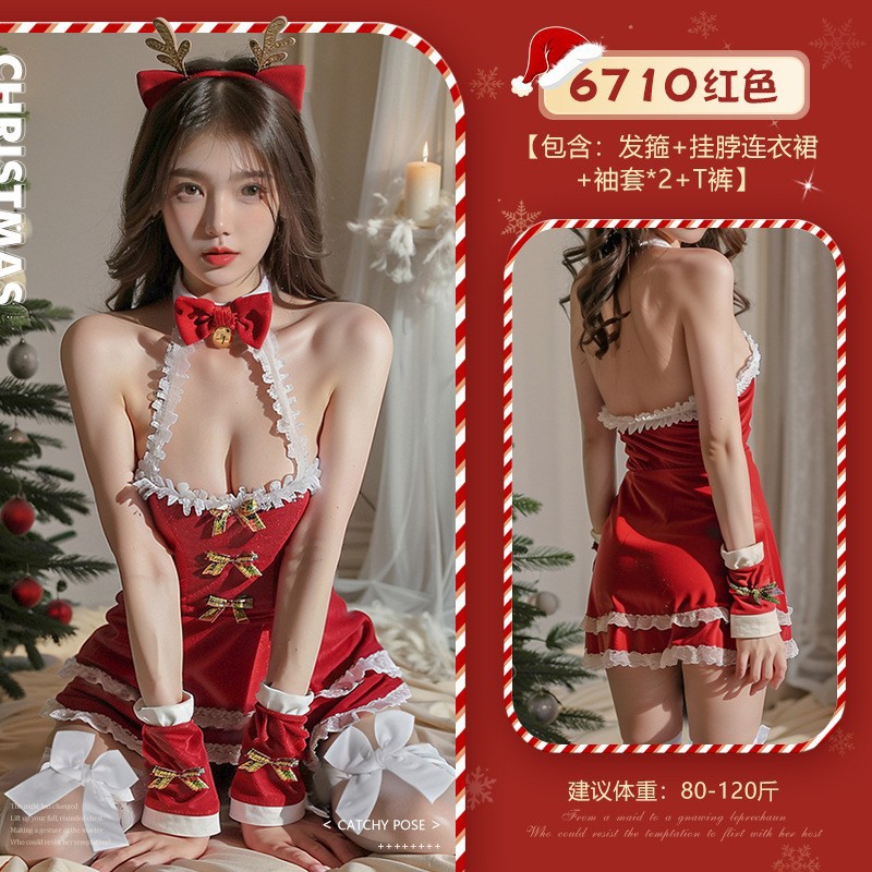 6710 red-headband + halter dress + sleeve covers2 + t-pants