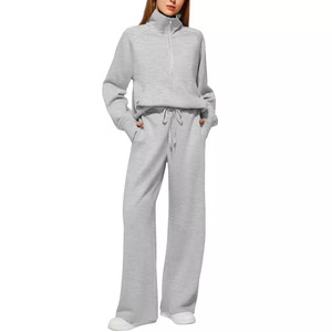 Ready Stock Women Casual Stand Anti-Wrinkle Polyester Fleece Knee Half Zip Wide Leg Sports Wear Tracksuit Set Solid Embroidered - Product Image 4