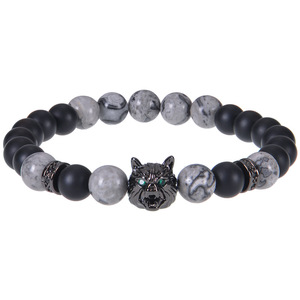Bracciale elastico da uomo con testa di lupo in zircone e occhio di <span class=keywords><strong>tigre</strong></span> blu da 8 mm, stile classico con pietra opaca, gioiello alla moda. - Product Image 5
