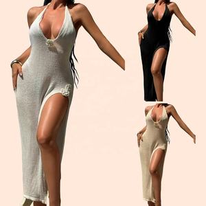 Robe moulante sexy à dos nu et à bretelles, style européen et américain, avec motif en crochet tridimensionnel, pour les vacances à la plage et les vêtements de plage - Product Image 1