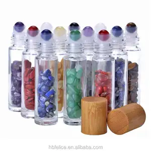 10ミリリットルNatural Stones Transparent Glass Healing Crystal Chips Inside Essential Oil Gemstone Roller Ball Bottles Bamboo Lids