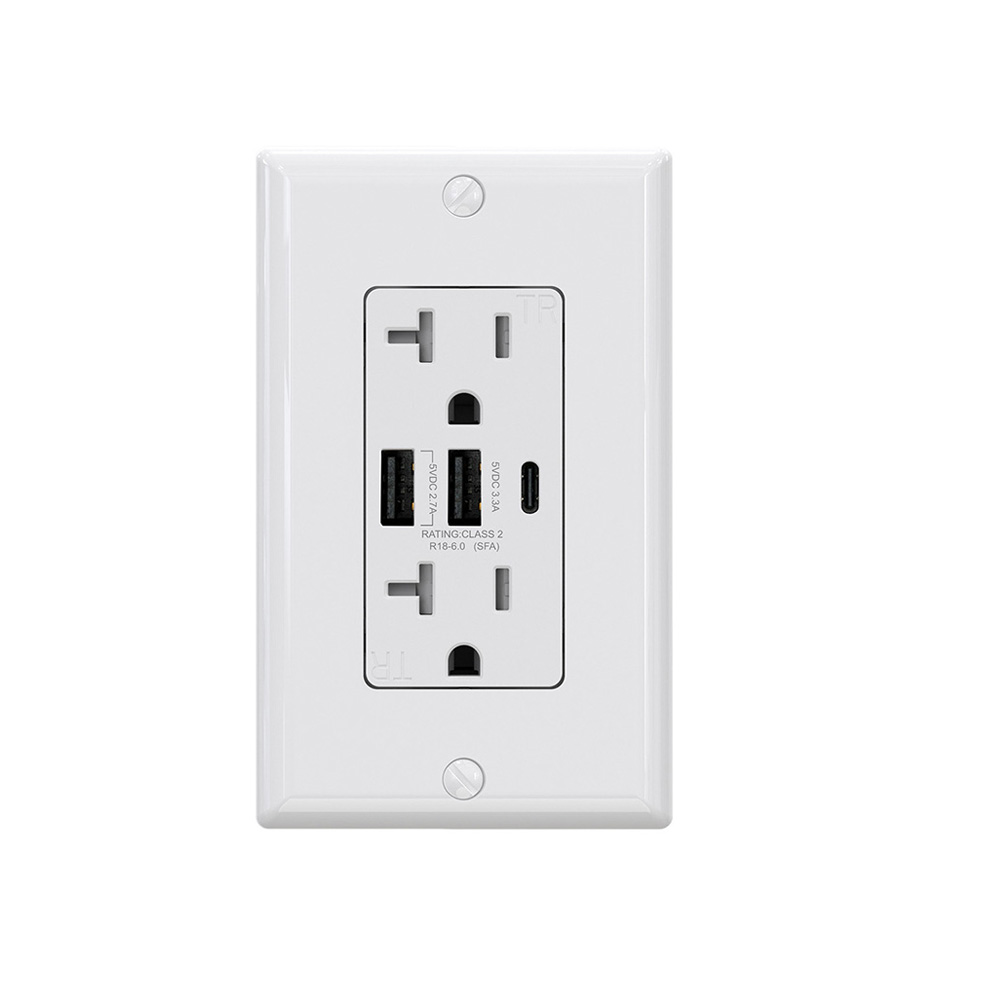 Dual USB-A&USB-C 20A wall mounted socket ul listed 30W 6.0amp 3port usb wall outlet with Smart Chip for america