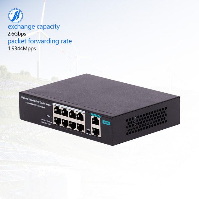Huayu 8-Port POE Switch 96W IEEE802.3af Compliant 10/100Mbps 250m Transmission Range 8+2 Ports 2.6Gbps Switch Capacity VLAN