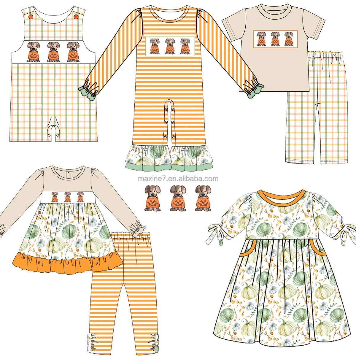 High quality kids clothing pumpkin embroidery girl outfits custom printed two piece girls sets