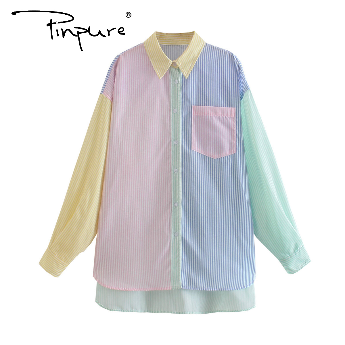 R51439S Wholesale 2021 summer four-color stitching contrast long-sleeved loose boyfriend style contrast shirt