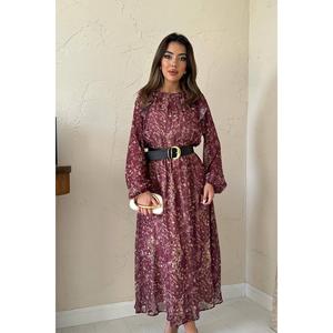 Elegante Vestido de Gasa con Volantes Color Borgoña, Corte Holgado, Cintura Natural, Vestido Casual para Uso Diario con Tela Translúcida - Product Image 2