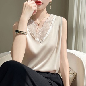 Canotta Estiva da <span class=keywords><strong>Donna</strong></span> 2025 in Pizzo Tinta Unita, Maglia Senza Maniche in Raso - Product Image 1